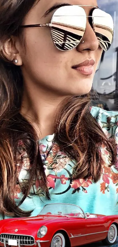 Stylish woman with floral shirt and vintage car.