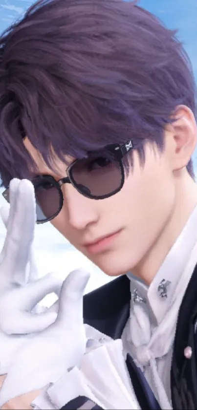 Anime character with purple hair and sunglasses on a sky background.