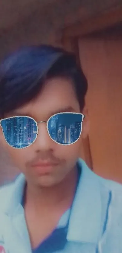 Young person with sunglasses reflecting a cityscape, wearing a blue shirt.