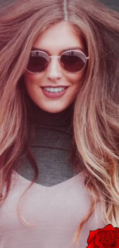 Stylish girl in sunglasses with flowing hair in mobile wallpaper.