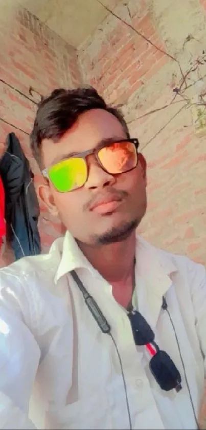 Young man wearing sunglasses and a white shirt against a brick wall.