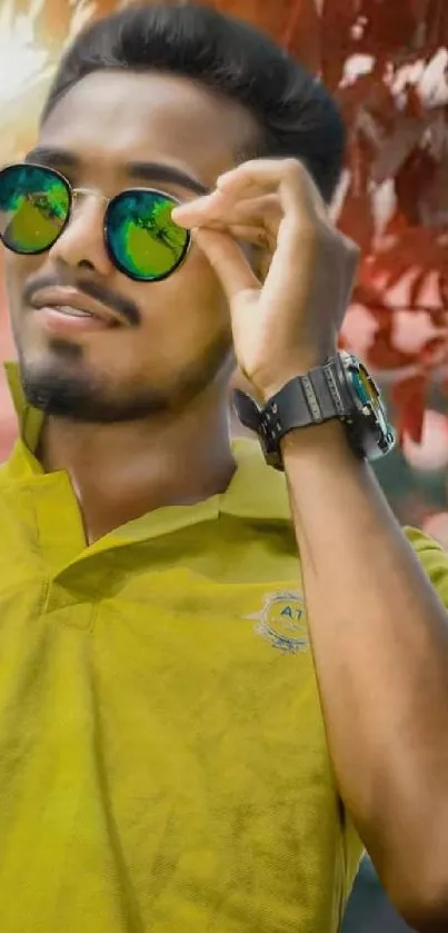 Man wearing sunglasses and a yellow shirt with red foliage background.