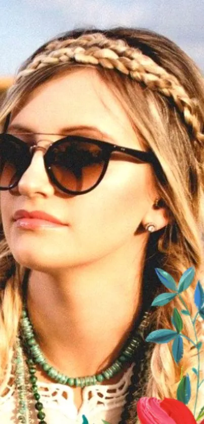 Portrait of a stylish woman with sunglasses and braided hair, perfect for mobile wallpaper.