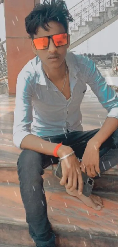 Young man with orange sunglasses sitting on steps, showcasing trendy urban style.