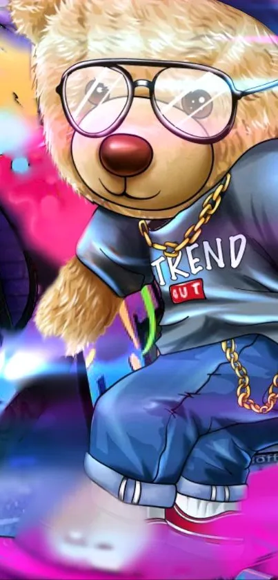 Cartoon teddy bear with glasses and a trendy outfit on colorful background.