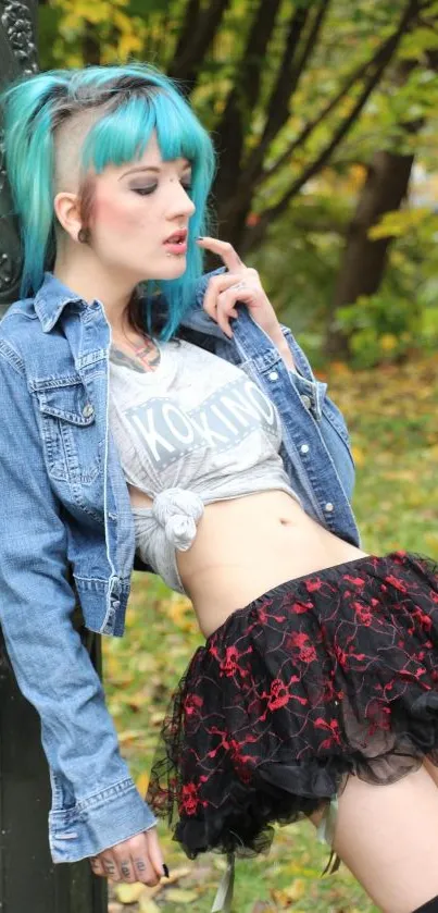Punk-inspired fashion in an outdoor park setting with vibrant hair color and denim.