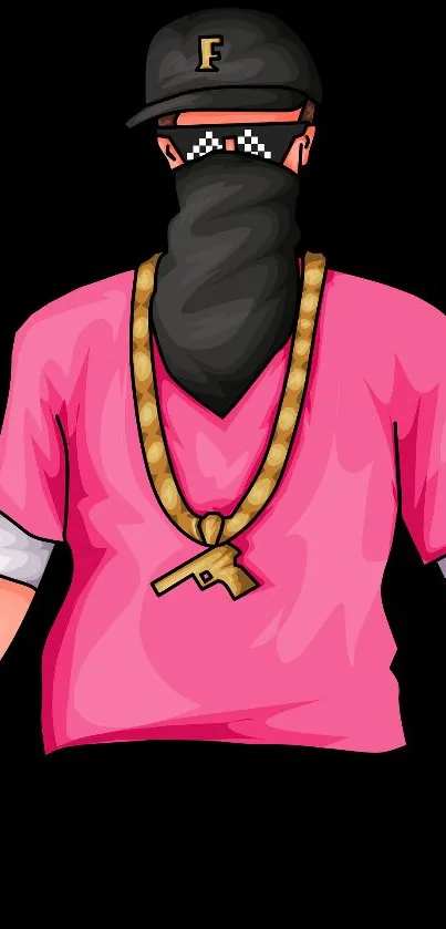 Cartoon gangster in pink shirt with black background.