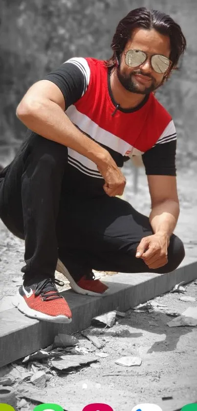 Man in stylish outfit with red shoes and sunglasses in an urban setting.