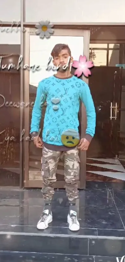 Man in sky blue top and camouflage pants with modern text overlay.