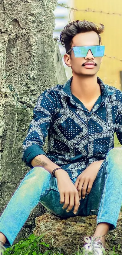 Young man in denim with trendy glasses sitting outdoors.