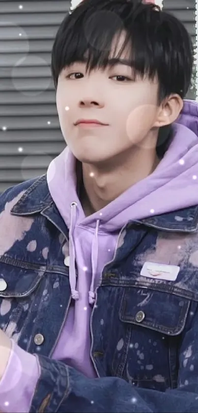 Young individual in trendy purple hoodie with denim jacket.