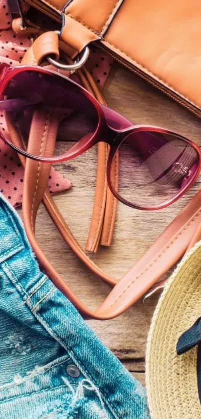 Vintage summer fashion items with hat, denim, and sunglasses.