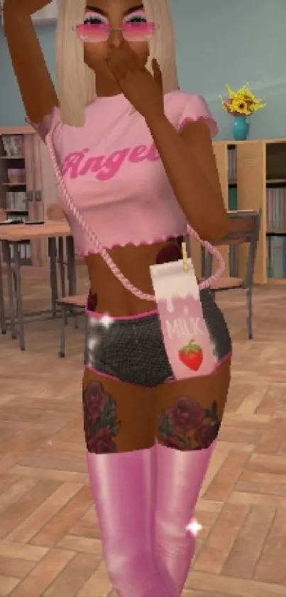 Virtual character in a trendy, stylish attire with pink accents.