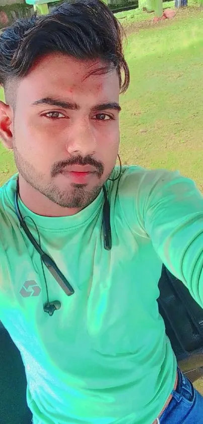 Young man in green shirt taking a selfie outdoors.