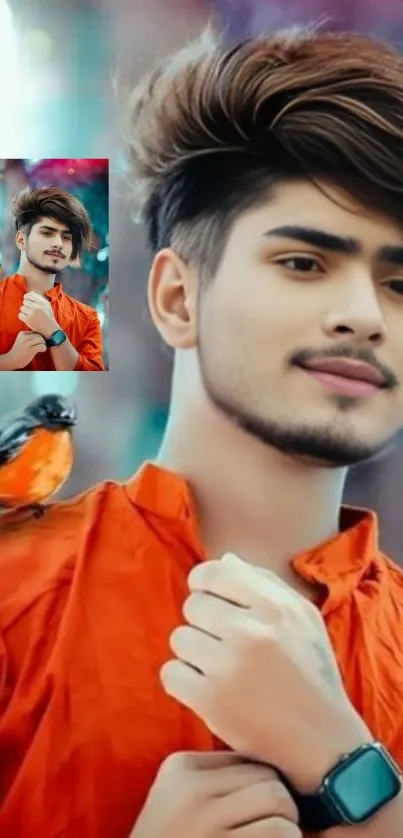 Stylish young man in orange shirt with trendy hairstyle and watch.