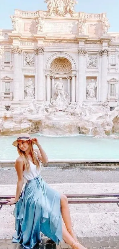 Girl sitting by Trevi Fountain in Rome, vibrant and dreamy scenery.