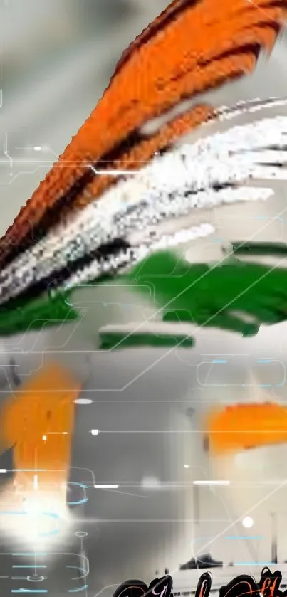 Abstract tri-color digital art with feather shape in orange, white, and green hues.