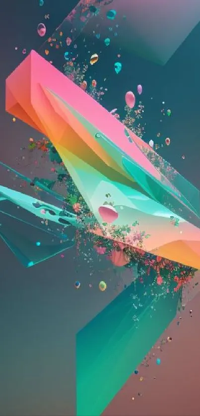 Vibrant abstract art with teal geometric shapes and splashes of pink.