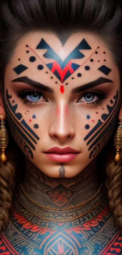 Tribal art face with colorful patterns on mobile wallpaper.