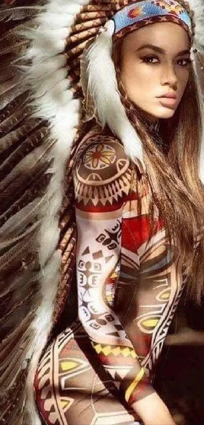 Woman in tribal attire with feather headpiece, earthy tones.