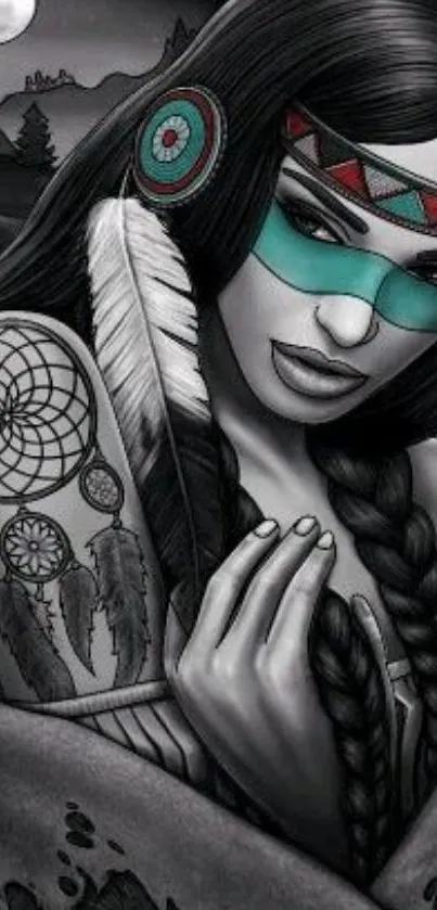 Tribal woman art with feathers and gray tones in phone wallpaper.