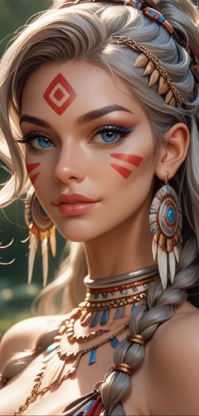 Tribal-themed fantasy art of a woman with striking makeup and intricate jewelry.