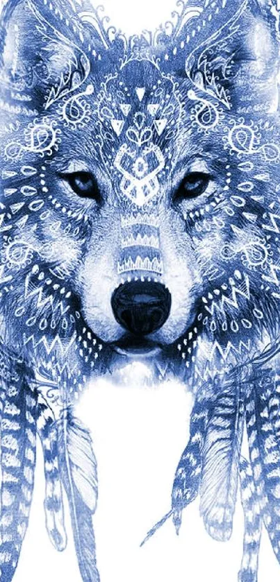 Tribal blue wolf design with intricate patterns and feathers.