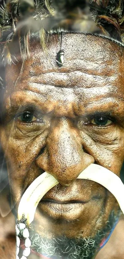 Portrait of a tribal elder with traditional adornments and natural tones.