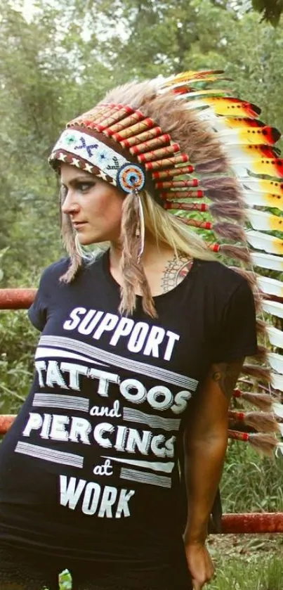 Woman in tribal headdress in nature setting.