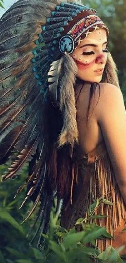 Woman in ornate tribal headdress amidst lush green foliage.