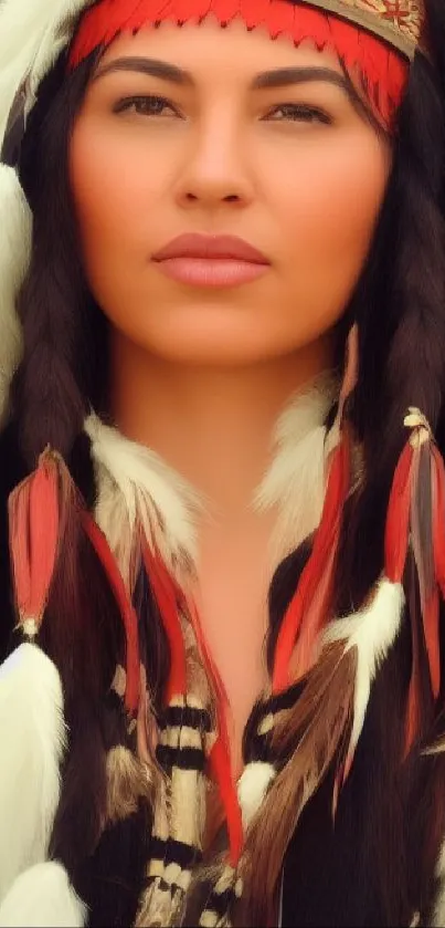 Woman in a vibrant tribal headdress with feathers and intricate designs.