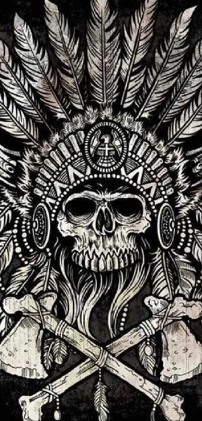 Tribal skull art with feathers and axes on a black background.