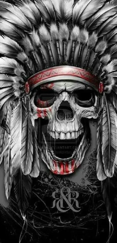 Tribal skull with feathered headdress in artistic monochrome style.