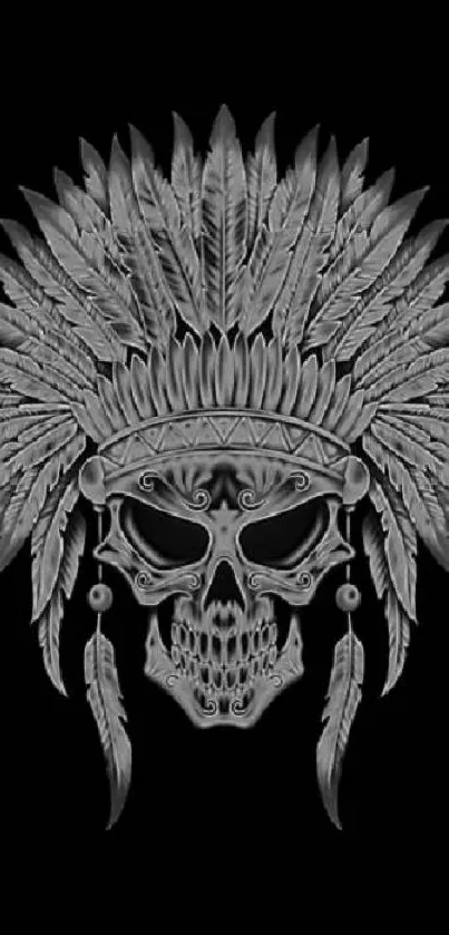 Tribal skull with feather headdress on black background.