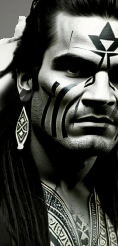 Tribal tattoo art portrait with bold black designs on a man's face.