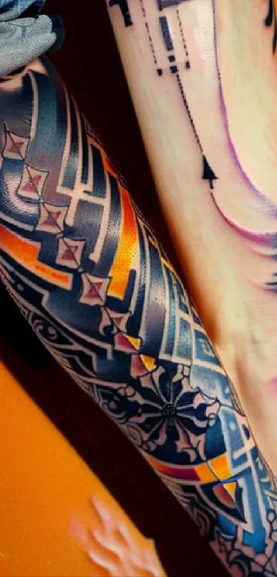 Mobile wallpaper featuring tribal tattoo designs with vibrant colors on arms.