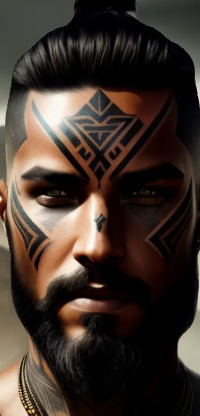 Tribal warrior with intricate facial designs in a mystical backdrop.