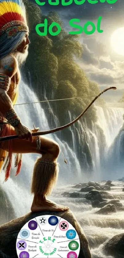 Tribal warrior stands by cascading waterfall under sunlight.