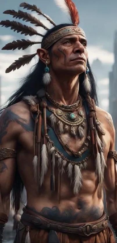 Tribal warrior standing with urban skyline backdrop.