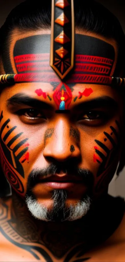 Tribal warrior close-up with vibrant face paint.