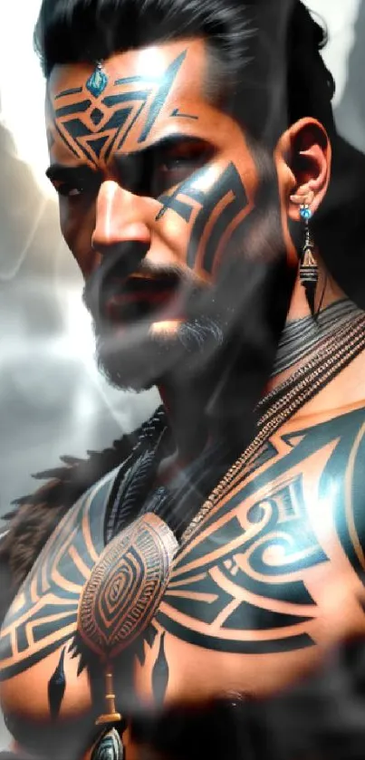 Tribal warrior with tattoos in 4K wallpaper.