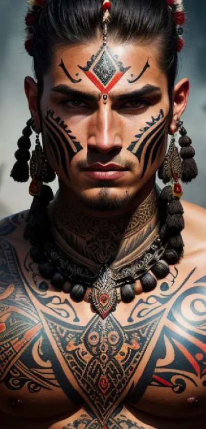 Tribal warrior with intricate tattoos.