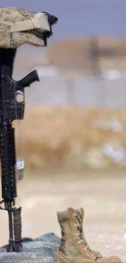 Battlefield cross with rifle, helmet, and boots honoring fallen soldiers.