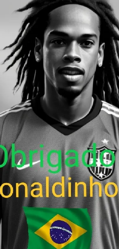 Monochrome portrait of Ronaldinho with Brazilian flag and text.