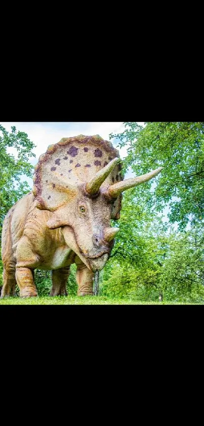 Triceratops among green trees in a nature-themed mobile wallpaper.