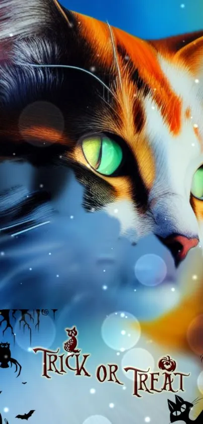 Vibrant Halloween cat wallpaper with 'Trick or Treat' text.