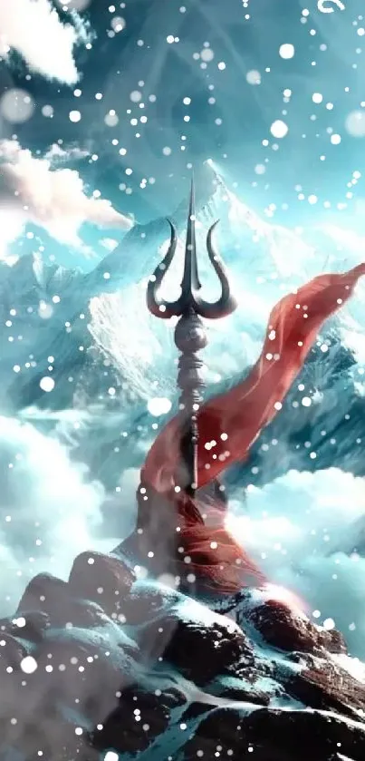 Trident amidst snowy mountains with flowing red cloth.