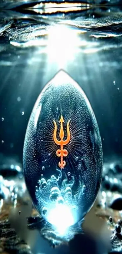 Trident symbol submerged in water with mystical glowing effect.