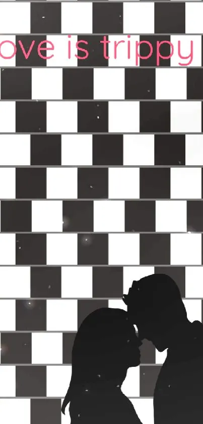 Silhouette of a couple with a trippy black and white background.