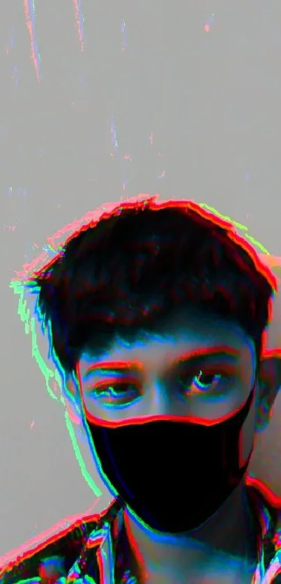 Masked person with a trippy neon effect on beige background.